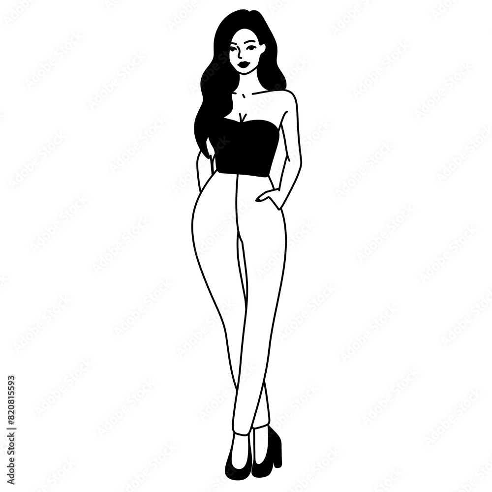 Beautiful young woman outline with a smile standing, minimalistic doodle illustration Beautiful young woman outline with a smile standing, minimalistic doodle illustration