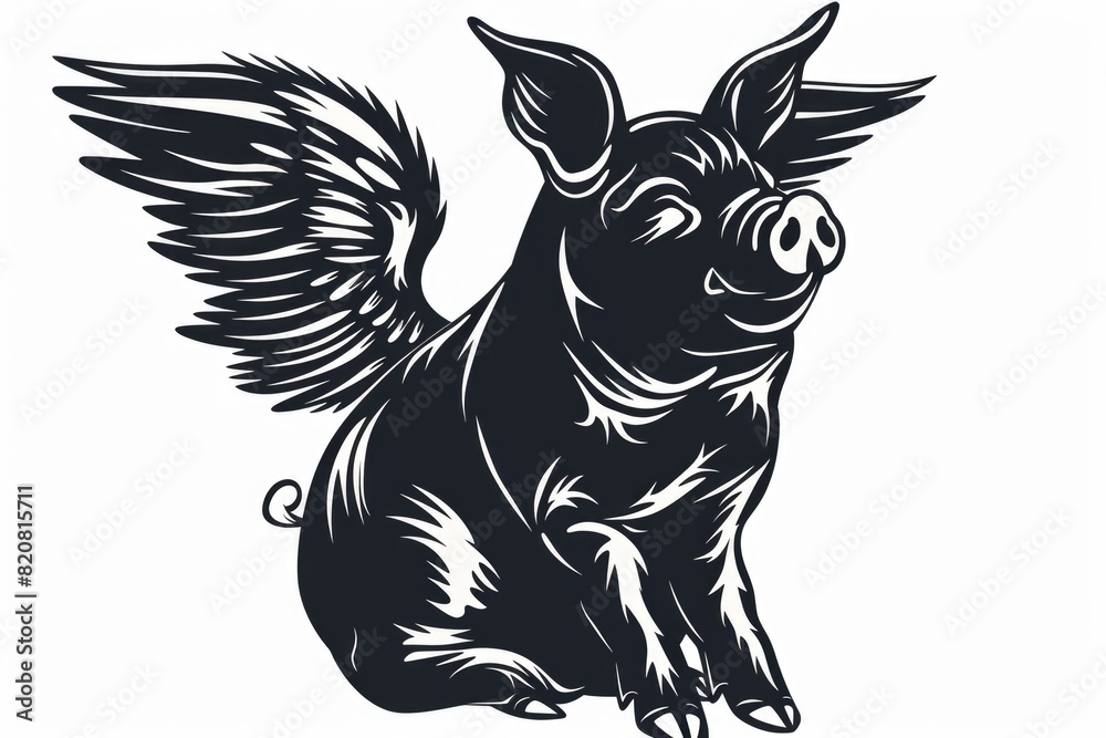 Obraz premium A unique black and white pig with wings, perfect for whimsical designs