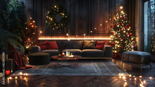 Interior of living room with sofas Christmas trees and