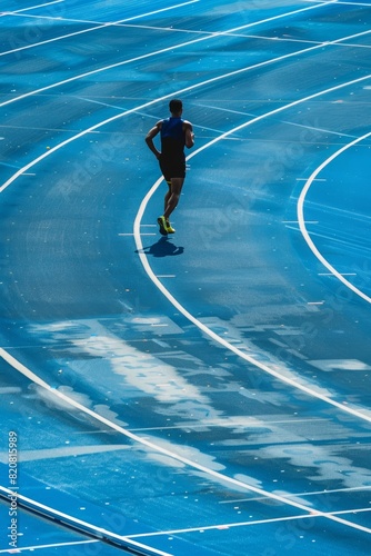 Atleta profesional aislado en la pista de atletismo  pista de atletismo azul con lineas blancos  marat  n 