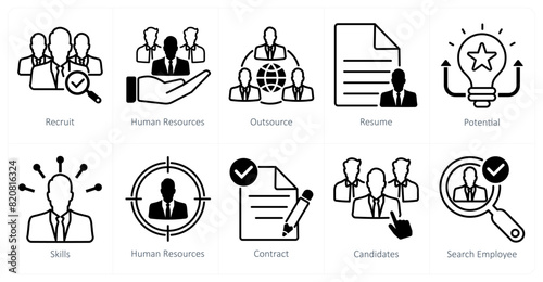 A set of 10 recruitment icons as recruit, human resources, outsource