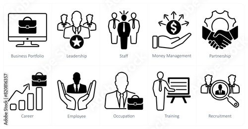 A set of 10 recruitment icons as business portfolio, leadership, staff