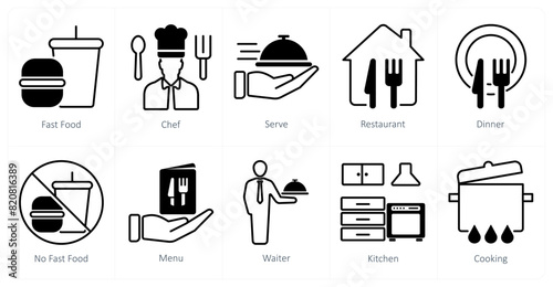 A set of 10 restaurant icons as fast food, chef, serve