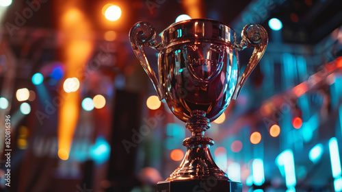 A silver trophy is sitting on a table in a dimly lit room. The room is filled with bright lights, creating a dramatic and intense atmosphere. The trophy is the center of attention