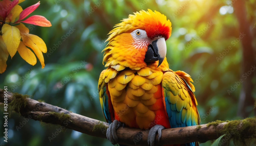 Fototapeta premium A colorful macaw parrot on a branch in the jungle