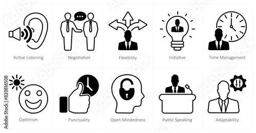A set of 10 soft skills icons as active listening, negotiation, flexibility