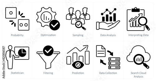 A set of 10 statistics icons as probability, optimization, sampling