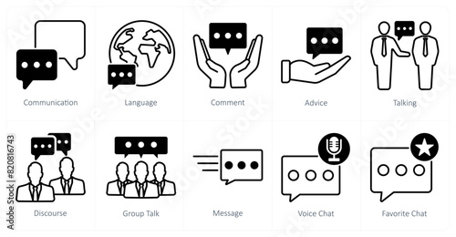 A set of 10 communication icons as communication, language, comment