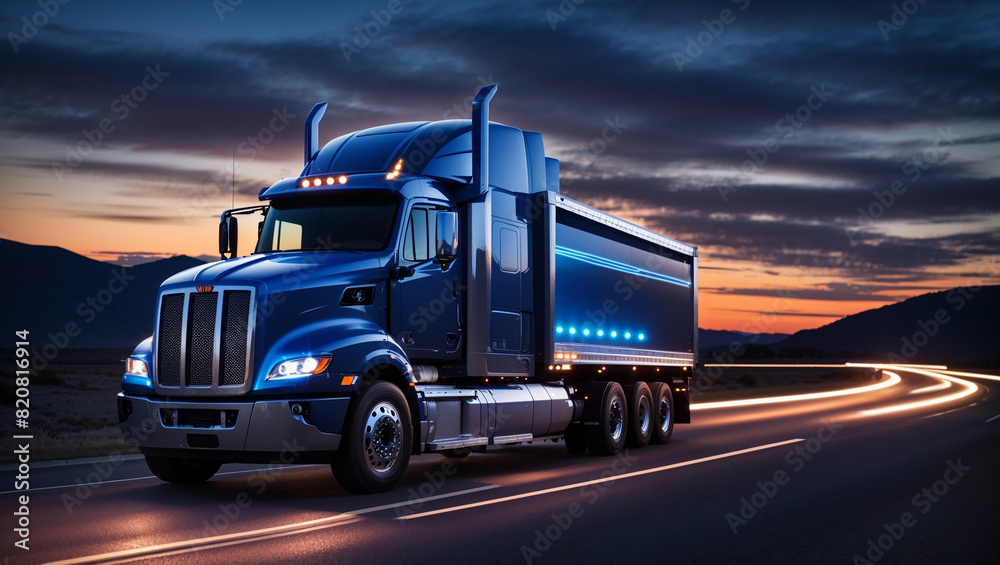 This is a photo of a blue semi-truck on a dark road at night. 