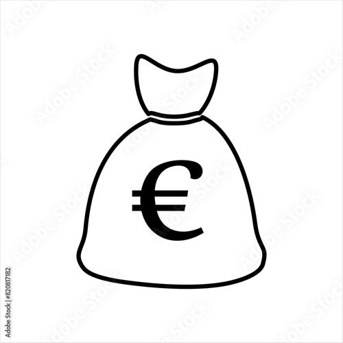 Money bag icons. Simple of line money bag icon, black and white sack. Image of the euro symbol on the bag. Vector illustration EPS 10