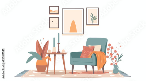 Interior design with armchair candles vase and wall p