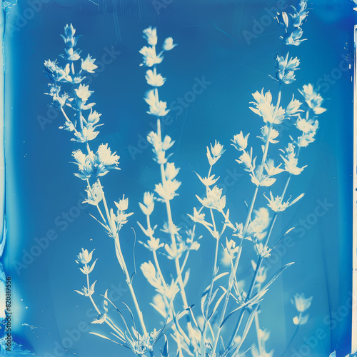 Photosensitive sun printing photo or cyanotype of lavender. Watercolour illustration. Herbarium concept. Generative AI