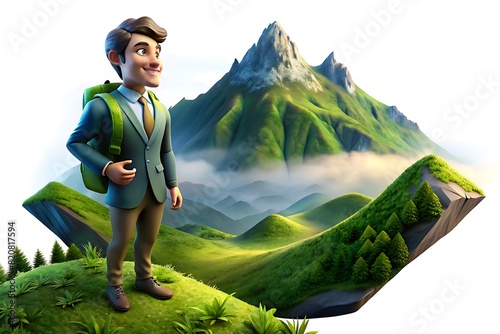 Homme français sur île, vue sur montagnes - Illustration 3D