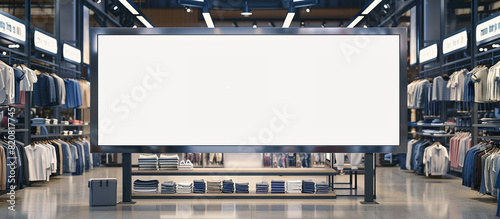 A pristine blank billboard positioned strategically within a clothing store, surrounded by shelves of fashionable attire, ready to captivate shoppers with captivating advertisements in mesmerizing. photo