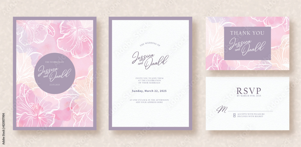 wedding invitation with sweetness purple splash and line art of bloom flowers