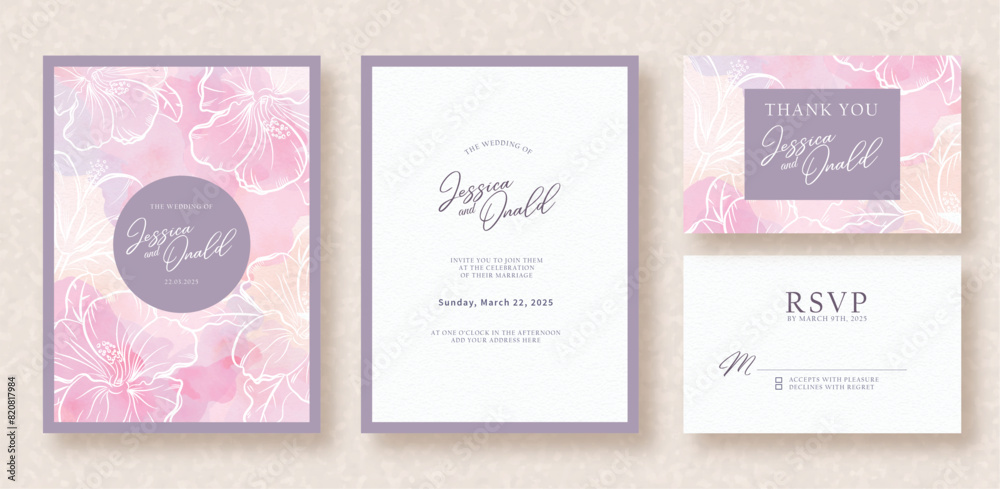 wedding invitation with sweetness purple splash and line art of bloom flowers wedding invitation with sweetness purple splash and line art of bloom flowers