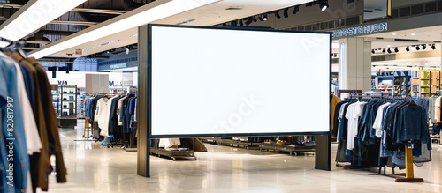A pristine blank billboard positioned strategically within a department store's clothing section, offering advertisers a prominent space to capture the attention of shoppers in mesmerizing. photo