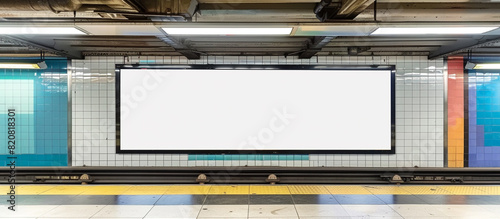 An empty billboard awaiting advertisements in the heart of a vibrant subway station, its polished surface and neutral backdrop offering advertisers a platform to showcase their brands in mesmerizing.