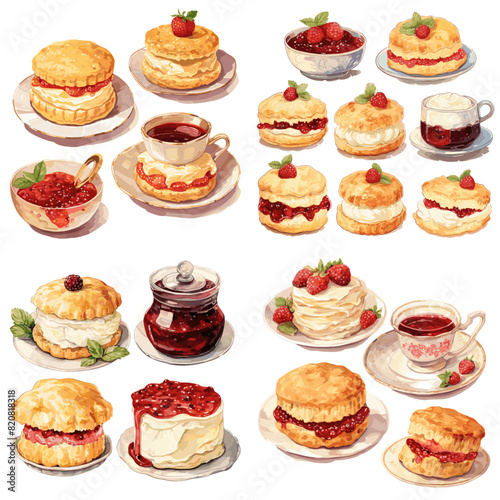 Classic British scones with clotted cream, jam, and fresh berries, served with tea. Perfect for bakery menus, café branding, dessert illustrations, and afternoon tea promotions.