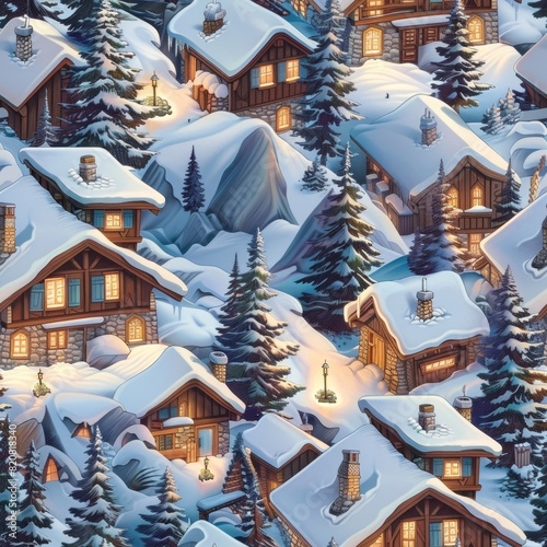Enchanting Winter Wonderland with Snow-Covered Chalets at Dusk