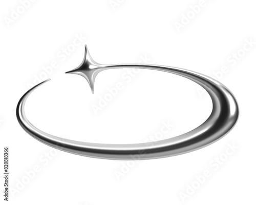 3D Y2K chrome abstract shape of a star with a crescent tail or comet, shiny metallic glossy silver surface. Isolated render vector element for retro futuristic design in cyber space galaxy aesthetic