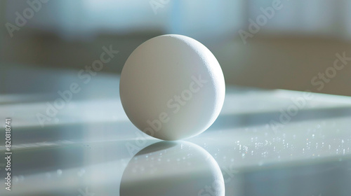 A perfectly round white egg resting on a reflective glass surface under natural sunlight.