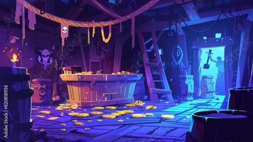 In the depths of a ship at night, a ghostly pirate in a cabin holds a coin. A haunting illustration of a spooky captain corsair holding a coin against a scarily dark interior modern background. photo