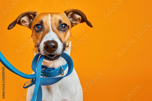 A dog holds a blue leash  symbolizing dog breed  working animal  and pet supply