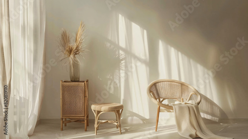 Interior of room with wicker chair and table 
