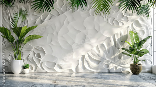 white wall with plaster patterns, empty background, architecture, stylish room, interior design, waves, bas-relief, folds, wallpaper, apartments, studio, light from windows, office, floor, nature photo