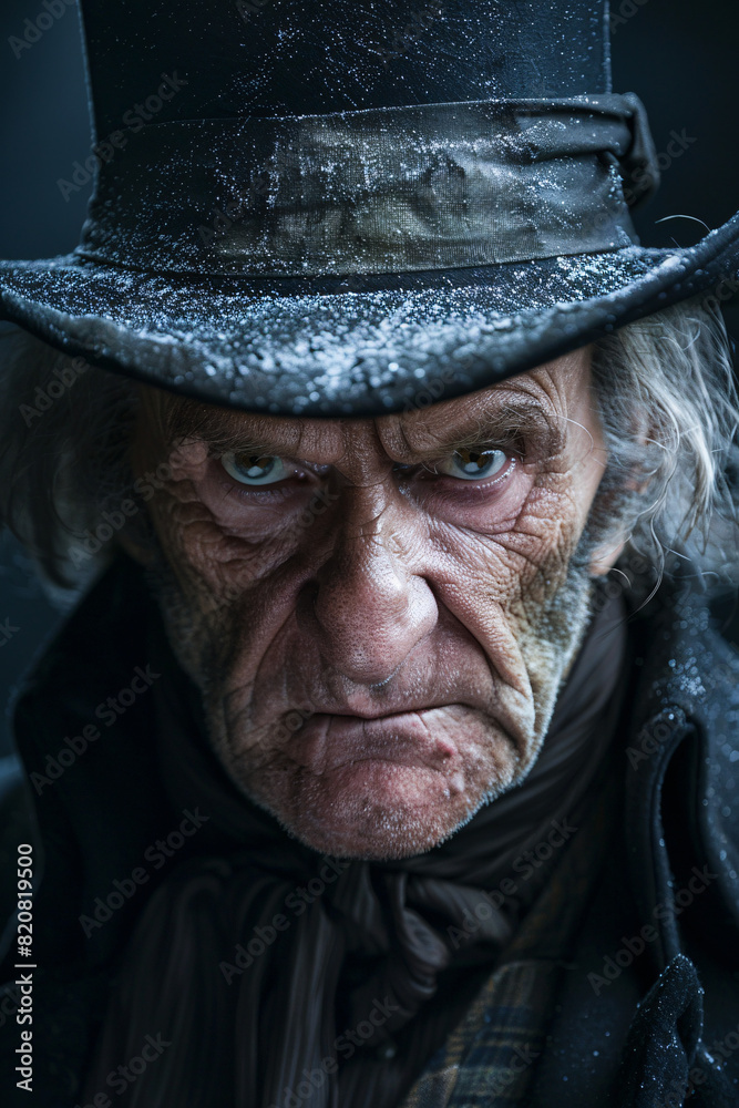 Portrait of Ebenezer Scrooge from Charles Dickens' A Christmas Carol, Wearing a Black Hat with Snow Falling Around Him Portrait of Ebenezer Scrooge from Charles Dickens' A Christmas Carol, Wearing a Black Hat with Snow Falling Around Him