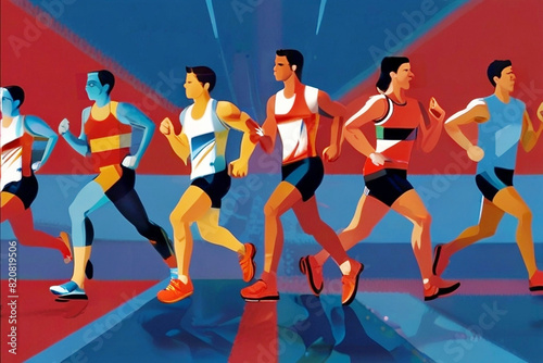 A group of runners are running in a race with a red and blue background