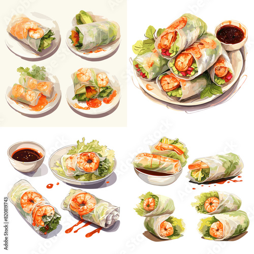 Vietnamese Spring Rolls Goi Cuon or Nem Cuon, filled with prawns, herbs, rice vermicelli and vegetables. 
