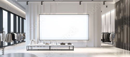 An empty billboard seamlessly integrated into the sleek design of a modern clothing boutique, offering fashion brands an opportunity to engage customers with captivating advertisements in full ultra.