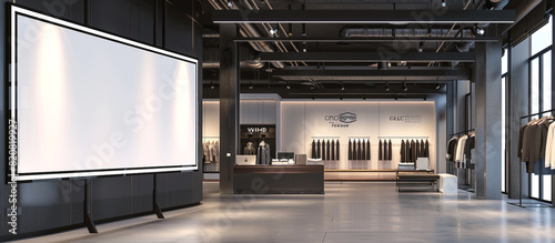 An empty billboard seamlessly integrated into the sleek design of a modern clothing boutique  offering fashion brands an opportunity to engage customers with captivating advertisements in full ultra.