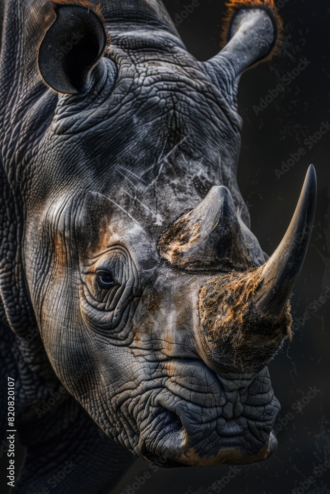 Close-up of a rhino against a black background, perfect for wildlife or nature themes Close-up of a rhino against a black background, perfect for wildlife or nature themes