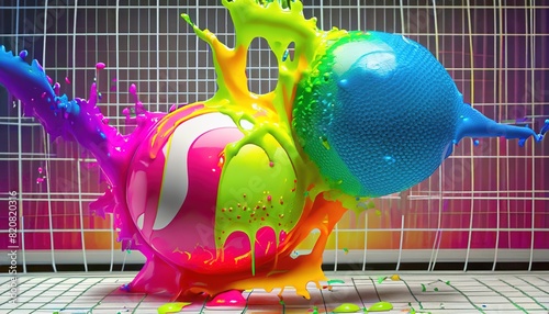 A colorful ball bounces, creating a burst of vibrant colors.