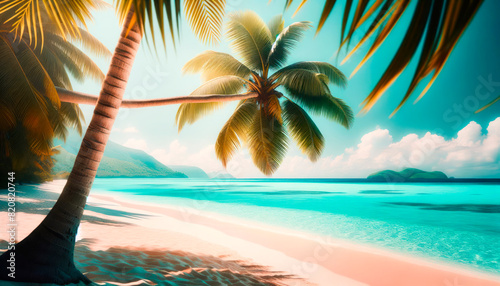 Paradise panoramic view of Tropical beach with palm trees  azure water  white sand . Summer background of exotic deserted beach for travel