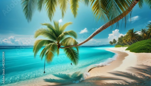Paradise panoramic view of Tropical beach with palm trees  azure water  white sand . Summer background of exotic deserted beach for travel