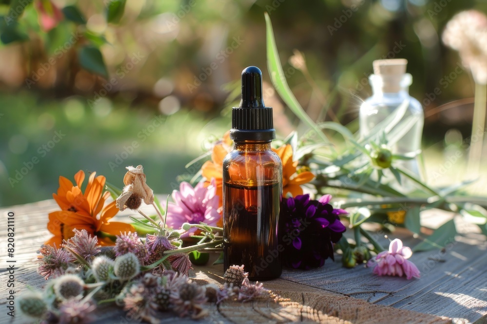 Essential Oil Bottle Surrounded by Flowers on Wooden Table