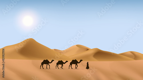 Realistic arabian or sahara desert landscape in bright daylight blue sky scenery with sun, palm tree and camel caravan for islamic eid adha or ramadan banner background, vector illustration.  