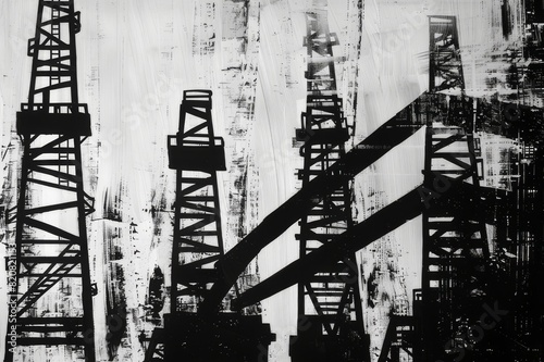 Black and White Painting of Oil Rig Silhouette at Sunset