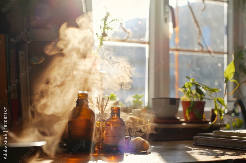 Smoke billowing out of a mysterious bottle on a table in front of a window Smoke billowing out of a mysterious bottle on a table in front of a window