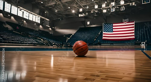 US flag on a basketball field. photo
