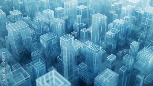 full screen, overlook, blue gradient frosted glass, frosted glass bulidings, blue city buildings scene, intensive white transparent technology sense, super wide angle, playing light and shadown, isome