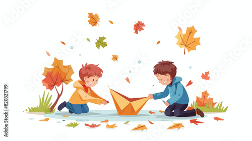 Kids playing with paper boat and puddle in autumn