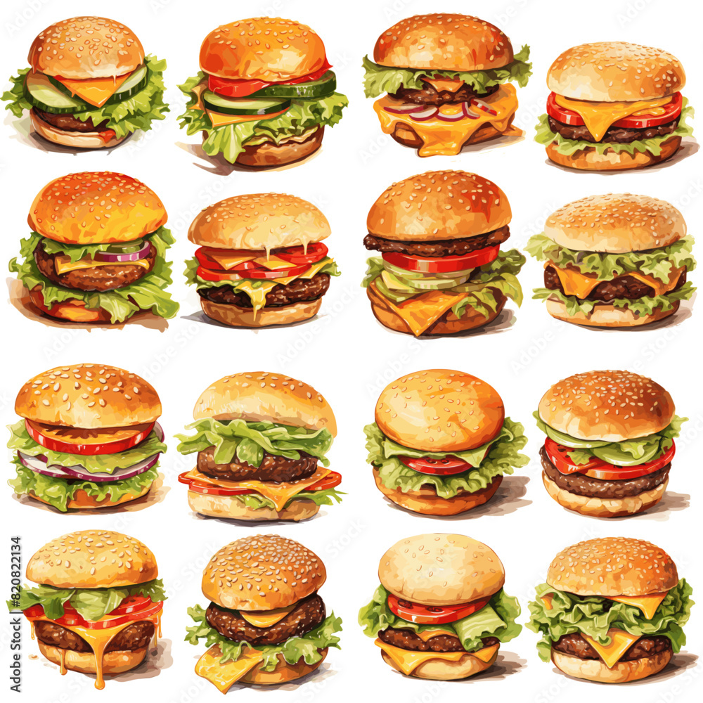 Set of Hamburgers set isolated on white background. Vector illustration Set of Hamburgers set isolated on white background. Vector illustration