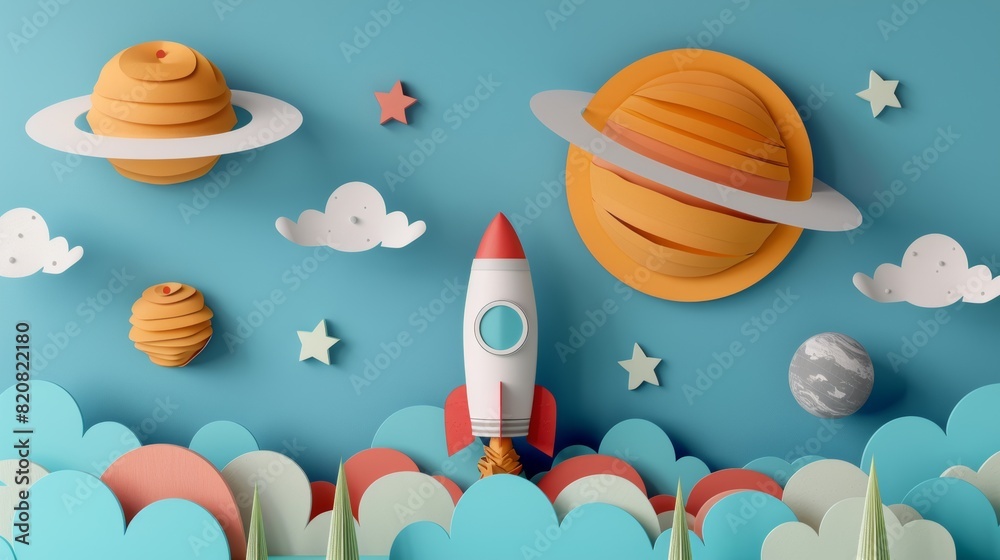 Colorful Paper Art Space Scene with Rockets and Planets Colorful Paper Art Space Scene with Rockets and Planets