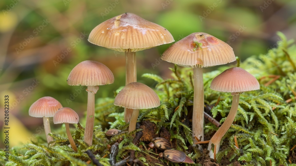 Enchanting Cluster of Dew-Covered Mushrooms in Mossy Forest Enchanting Cluster of Dew-Covered Mushrooms in Mossy Forest
