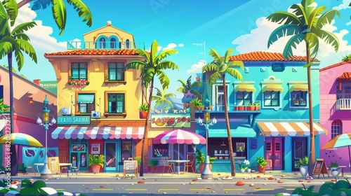 Modern cartoon illustration of a busy Miami city street with hotel, food shop, and pizza restaurant. Sunny day in a summer beach resort town.